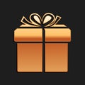 Gold Gift box icon isolated on black background. Long shadow style. Vector Royalty Free Stock Photo
