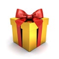 Gold gift box or present box with red ribbon bow isolated on white background with shadow Royalty Free Stock Photo