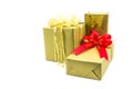 Gold gift box and ribbon red isolated on white background Royalty Free Stock Photo