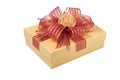Gold Gift Box with Rose Ribbon and Red Ribbon isolated on white Royalty Free Stock Photo