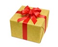 Gold gift box with smart red bow Royalty Free Stock Photo