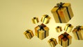 Gold gift boxes with black ribbon on black background. 3D rendering. Royalty Free Stock Photo