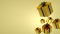 Gold gift boxes with black ribbon on black background. 3D rendering. Royalty Free Stock Photo