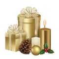 gold gift boxes and candles for christmas cards Royalty Free Stock Photo