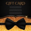 Gold gift card with glitter and bow tie, gift, voucher, certificate, vector illustration Royalty Free Stock Photo