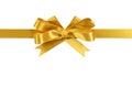 Gold Gift Ribbon Bow Straight Horizontal Isolated On White Background
