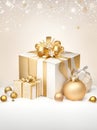 Gold gifts and balloons with snow and sparkles. New Year\'s and Christmas. Royalty Free Stock Photo