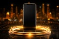 Gold glamour Smartphone showcased on a floating gold podium with neon
