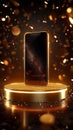 Gold glamour Smartphone showcased on a floating gold podium with neon