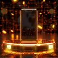 Gold glamour Smartphone showcased on a floating gold podium with neon