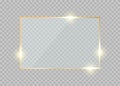 Gold glass frame. Rectangle golden glow border. Luxury vector realistic shiny button.