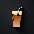 Gold Glass of juice icon isolated on black background. Tube for drinking. Healthy organic food. Citrus fruit. Long
