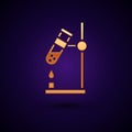 Gold Glass test tube flask on fire heater experiment icon isolated on black background. Laboratory equipment. Vector Royalty Free Stock Photo