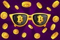 Gold glasses with the symbol bitcoin and cryptocurrency coin