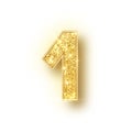 Gold glitter alphabet numbers 1 with shadow. Vector realistick shining golden font number one of sparkles on white Royalty Free Stock Photo