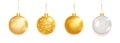 Gold glitter balls. Christmas garland. Xmas bauble. Hang Holiday toy. Luxury design element. Glass round New Year gift