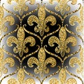 Gold glitter Baroque ornamental vector seamless pattern. Antique style patterned shine background. Repeat damask glittering