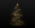 gold glitter christmas pine shape on dark background. happy new year and merry christmas decoration. golden light shiny tree. Royalty Free Stock Photo