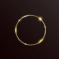 Gold glitter circle frame with light effect. Golden bright banner on dark transparent background. Luxury glowing frame Royalty Free Stock Photo