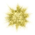 Gold glitter explosion, golden sparkle background. Glittery shimmer glow of gold particle powder splash white background