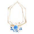 Gold glitter geometric frame with blue florals and leaves in watercolor. Polygonal frame.