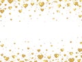 Gold glitter heart confetti frame on white background. Bright glitter particles for luxury greeting card. Sparkling