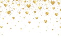 Gold glitter heart confetti on white background. Bright glitter particles for luxury greeting card. Sparkling texture