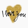 Gold glitter heart sign sparkles isolated on white background. I love you. Hand brush lettering. Design for wedding card, valentin Royalty Free Stock Photo
