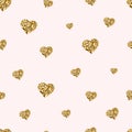 Gold glitter hearts seamless pattern. Golden hearts with sparkles and star dust. Cute Valentines Day background Royalty Free Stock Photo