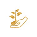 Gold Glitter Icon - Hand holding tree Royalty Free Stock Photo