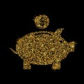 Gold glitter icon of piggy bank isolated on background. Art creative concept illustration for web, glow light confetti, bright