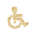 Gold glitter icon of wheelchair isolated on background. Art creative concept illustration for web, glow light confetti, bright