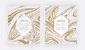 Gold glitter ink liquid cards with marble frames. Trendy templates for banner, flyer, poster, card, invitations. Modern art.