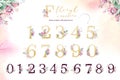 Gold glitter letter alphabet. Isolated Golden alphabetic fonts and numbers on white background. Floral wedding font text Royalty Free Stock Photo