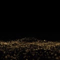 Gold glitter, light particles wave on black background. Shining gold sparks bokeh effect, shimmering sparkles glow, magic bright Royalty Free Stock Photo