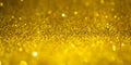 Gold glitter lights. Shiny sparkles, bokeh effects, glowing surface. Selective focus, christmas abstract banner Royalty Free Stock Photo