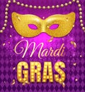 Gold glitter mask for Mardi Gras Tuesday carnival party poster on purple background with rhombus texture and confetti Royalty Free Stock Photo