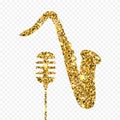 Gold glitter Old microphone and saxophone. Golden sparcle retro microphone and saxophone on transparent background. Amber p Royalty Free Stock Photo