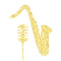 Gold glitter Old microphone and saxophone. Golden sparcle retro microphone and saxophone on white background. Amber particl Royalty Free Stock Photo