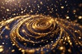 Gold glitter particle swirl circle effect. Sparkling light twirl of glowing glittering particles whirl background Royalty Free Stock Photo