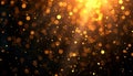 Gold glitter particles fall against dark background. Shiny sparkling gold dust creates beautiful bokeh effect. Visual effect