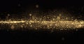Gold glitter particles wave background, shining gold sparks and yellow glittery bokeh light. Gold glow and shimmering sparkles