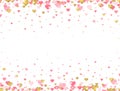 Gold glitter and pink hearts frame. Bright hearts confetti falling on white background. Valentines Day banner for