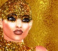 Gold glitter pop art image of a woman`s face. This is a digital art image of a close up woman`s face in pop art style. Royalty Free Stock Photo