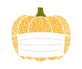 Gold glitter pumpkin in protective mask for save holiday Halloween. Seasonal October vegetable pumpkin. Vector