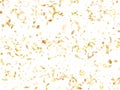 Gold glitter realistic confetti flying on white holiday vector graphic design.