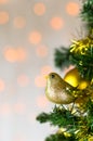 Gold glitter robin on Christmas tree. Copy space. Royalty Free Stock Photo