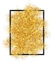 Gold glitter sand in black frame isolated white background. Golden texture confetti, sequins, dust spray. Bright pattern Royalty Free Stock Photo