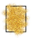 Gold glitter sand in black frame isolated white background. Golden texture confetti, sequins, dust spray. Bright pattern Royalty Free Stock Photo