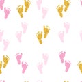 Gold glitter shining baby shower foot print  and pink foot prints seamless fabric design patter Royalty Free Stock Photo